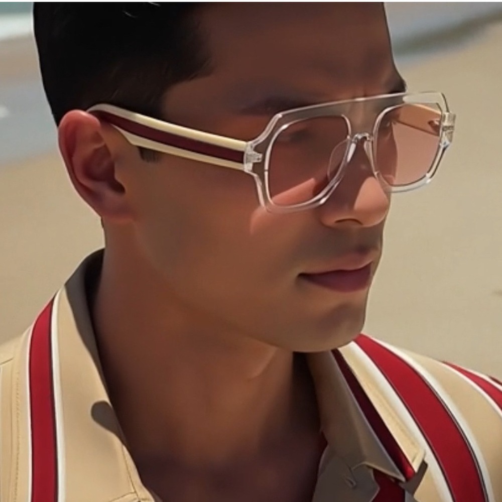 Clear‎ Frame Sunglasses Pink Lens Striped Temple Accents Men Women Shades Large